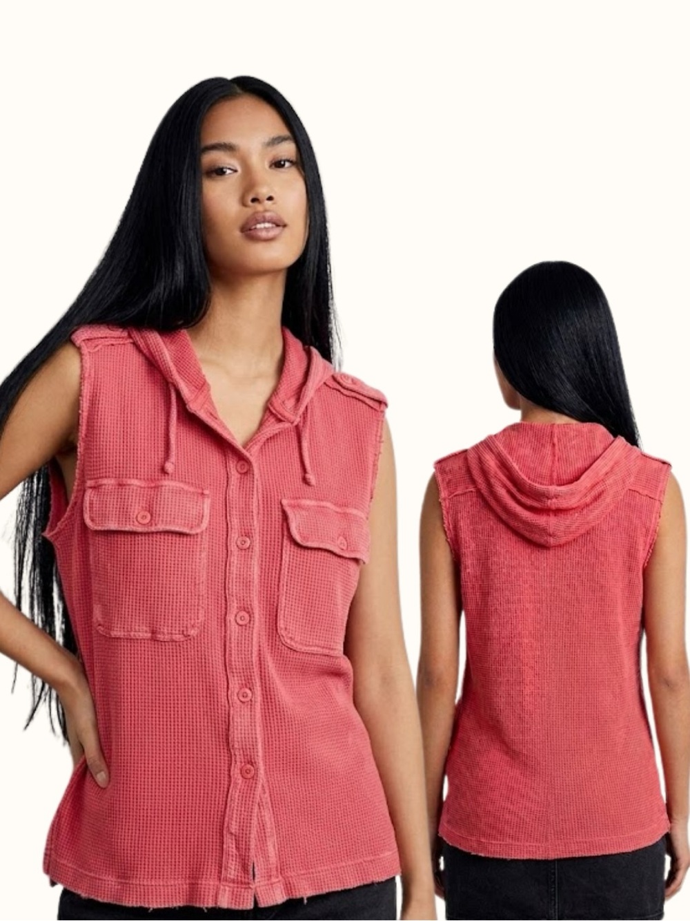 Vintage 100% Cotton Boho Red Waffle Knit Hooded Button Vest Pocket Tank Top M